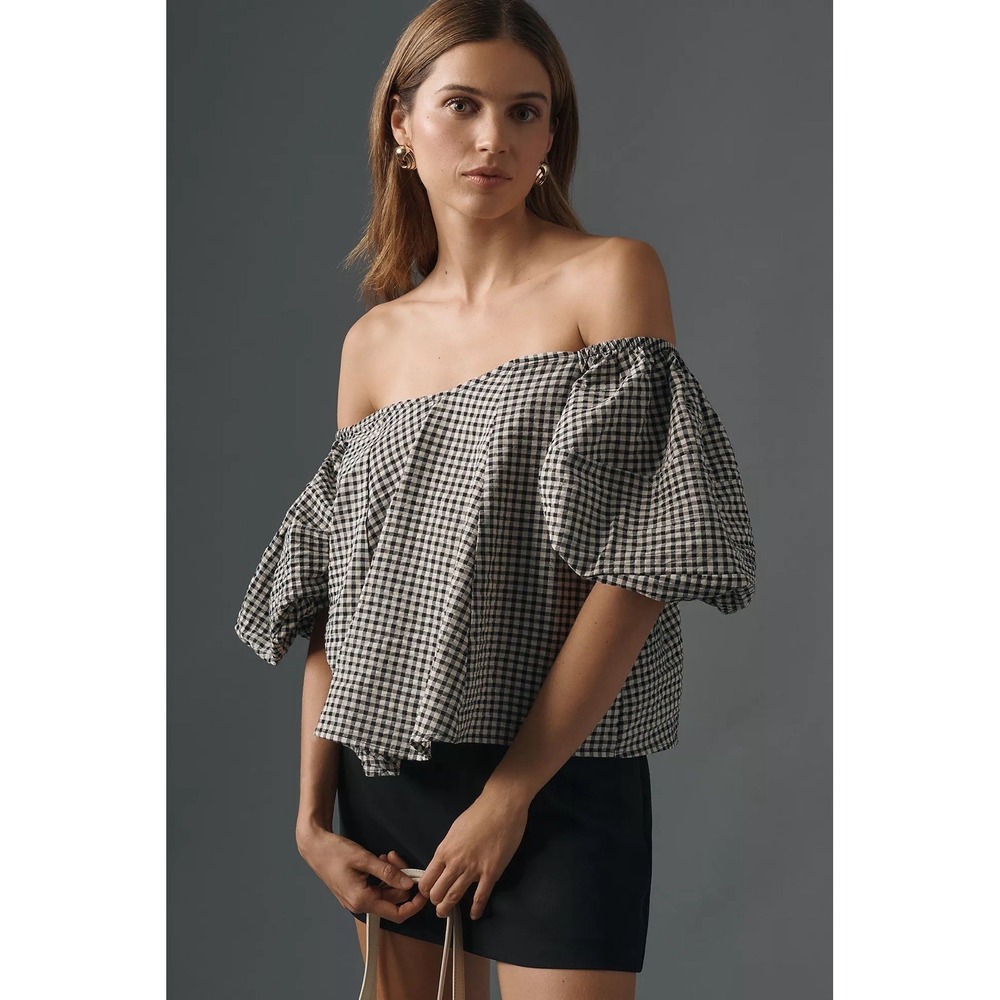 Anthropologie Maeve Puff-Sleeve‎ Off-The-Shoulder Gingham Top Size Large Women's